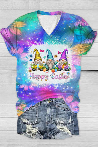 Glitter Sparkle Flowers Galaxy Sky Happy Easter Gnomes With Bunny Ears Printed V-Neck T-shirt