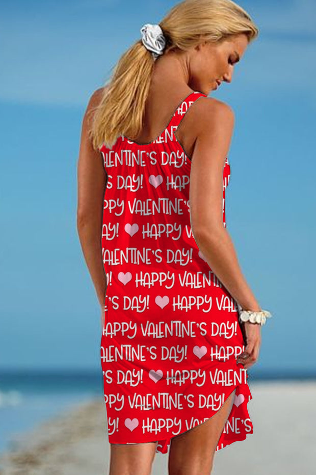 Red Happy Valentine's Day Words Print Sleeveless Dress