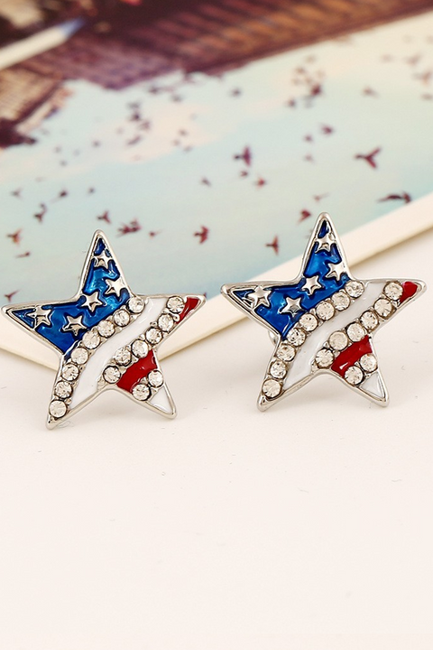 American Flag Pentagram Heart Rhinestone Oil Drip Earrings