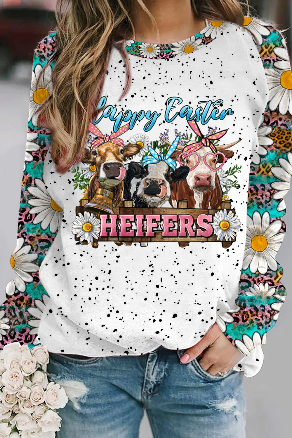 Happy Easter Heifers Cows With Daisy Polka Print Sweatshirt