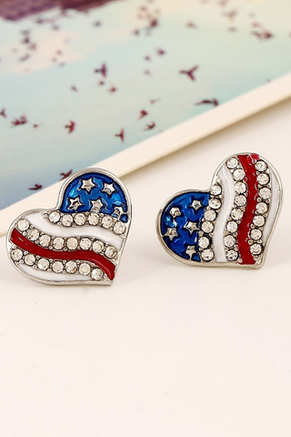 American Flag Pentagram Heart Rhinestone Oil Drip Earrings