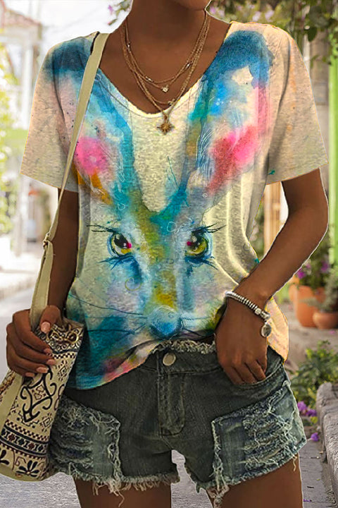 Retro Easter Cute Bunny Watercolor Floral Print V Neck T-shirt