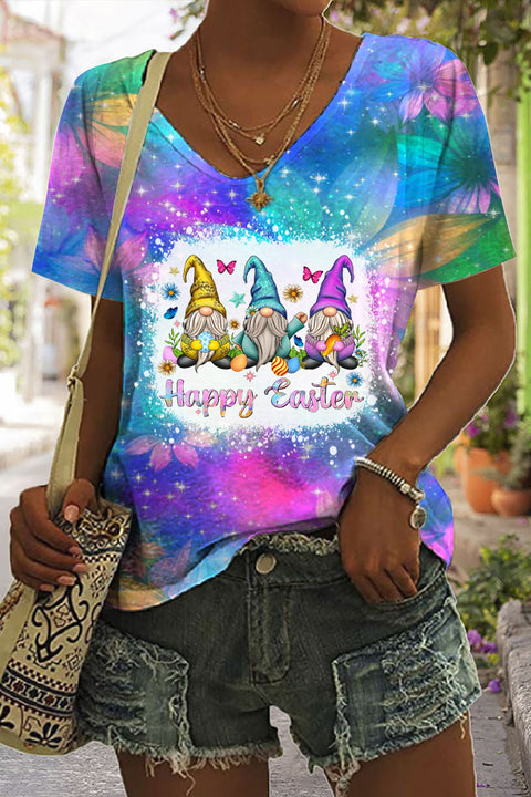 Glitter Sparkle Flowers Galaxy Sky Happy Easter Gnomes With Bunny Ears Printed V-Neck T-shirt