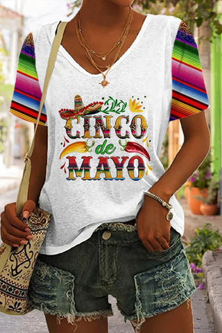 Cinco De Mayo With Sombrero Hat And Peppers Print V Neck T-shirt