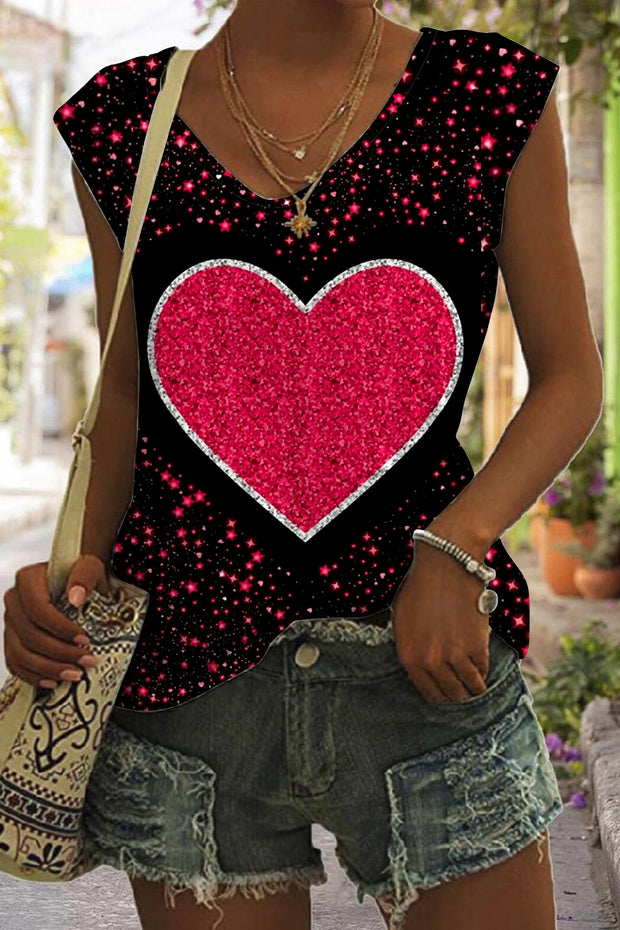 Glitter Red Heart Sparkles Print Tank Top