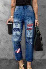 America Flag Heart-Shape Graphic Casual Mid Waist Ripped Jeans