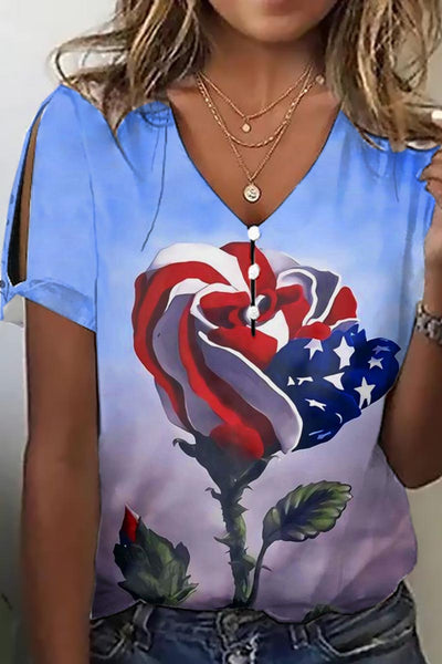 Elegant Short-Sleeved Printed V-Neck Top With Floral Pattern