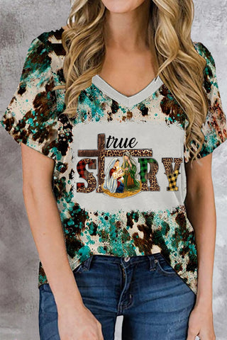 Das True Story Nativity Jesus Leopard V-Neck T-Shirt