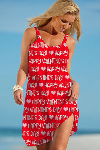 Red Happy Valentine's Day Words Print Sleeveless Dress