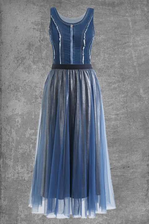 Vintage Denim Mesh Splicing Sleeveless Blue Maxi Dress