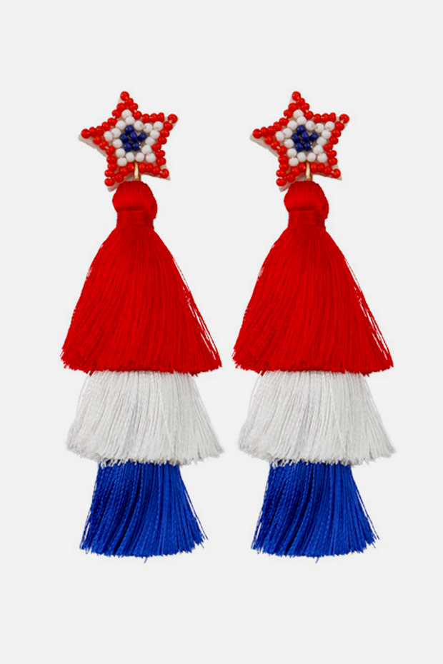 Women\'s red, blue and white five-pointed star tassel earrings