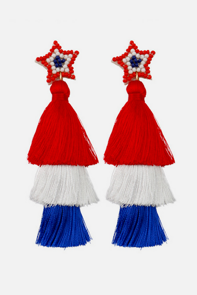 Women\'s red, blue and white five-pointed star tassel earrings