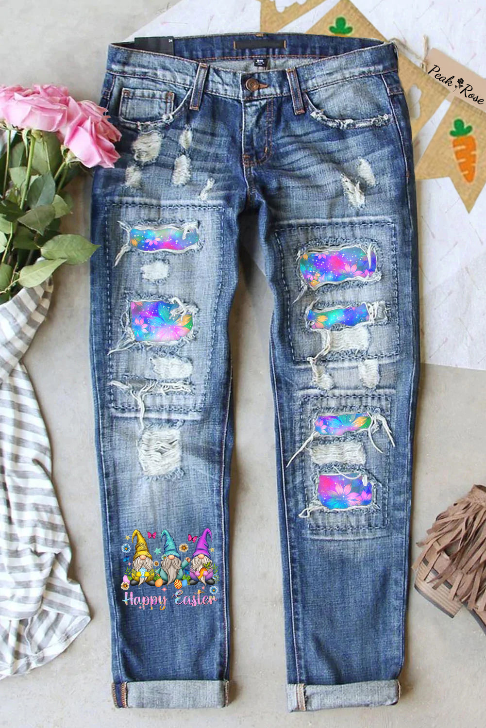 Glitter Sparkle Flowers Galaxy Sky Happy Easter Gnomes With Bunny Ears Printed Denim Jeans