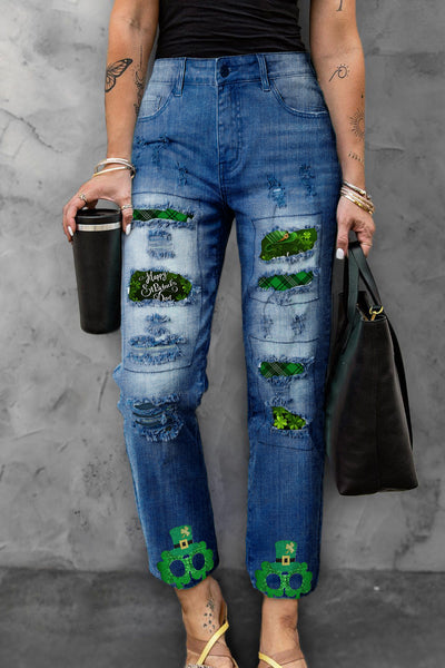 Happy St Ratricks Day Green Clover Flower Body Lettering Print Jeans