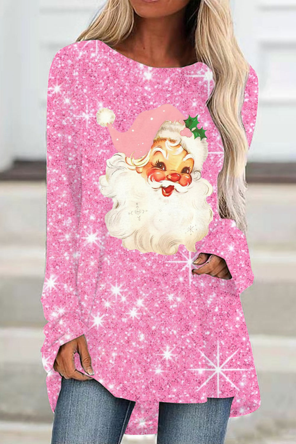Rosa Tunika mit Weihnachtsmann-Print