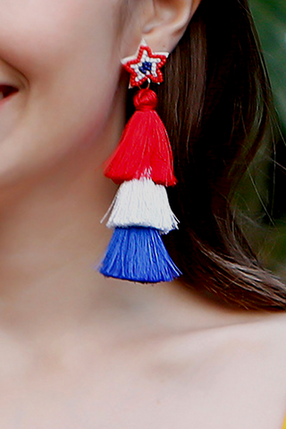 Women\'s red, blue and white five-pointed star tassel earrings