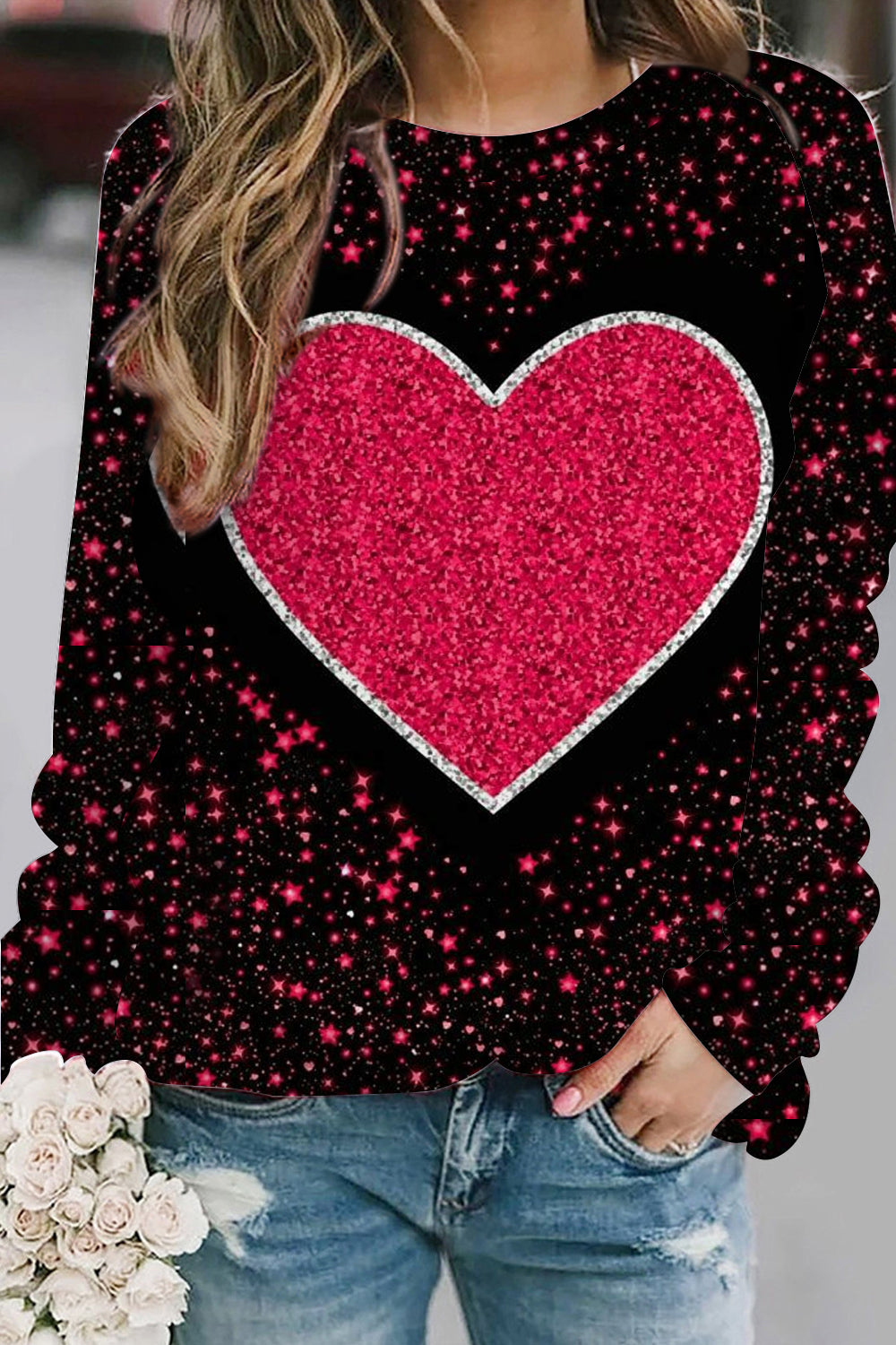 Glitter Red Heart Sparkles Print Sweatshirt