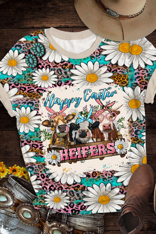 Happy Easter Heifers Cows With Daisy Polka Print Round Neck Short Sleeve T-shirt