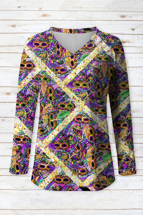 Mardi Gras Decoration Mask Beads V-neck Long Sleeve Tee