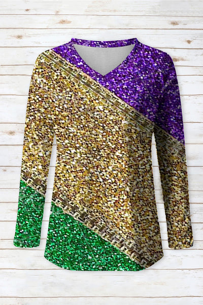 Retro Mardi Gras Carnival Purple Green And Gold Color Block Glitz Print V-neck Long Sleeve Tee