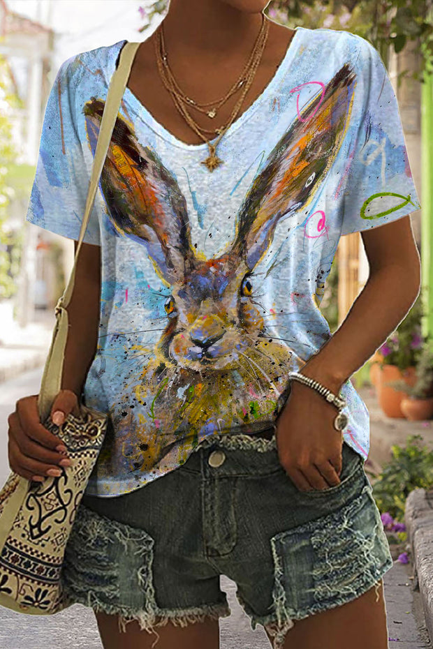 Retro Easter Cute Bunny Watercolor Floral Print V Neck T-shirt