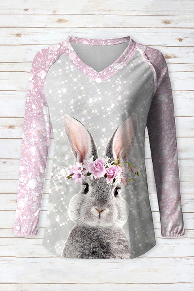 Glitter Cute Easter Bunny With Pink Wreath Printed V-neck Long Sleeve Tee