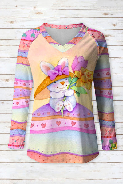 Happy Easter Bunny Sit On Colorful Easter Egg Pattern V-neck Long Sleeve Tee