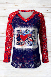 Red & Blue Contrasting Love & Peace Football Printed V-neck Long Sleeve Tee