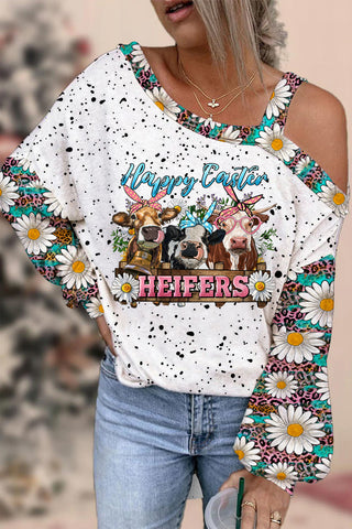 Happy Easter Heifers Cows With Daisy Polka Print Off-Shoulder Blouse