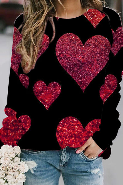 Glitter Red Heart Sparkles Print Sweatshirt