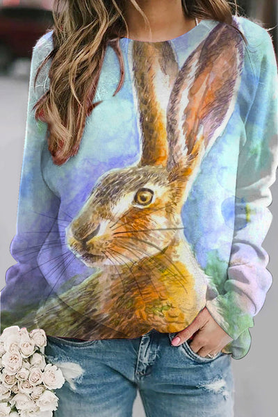 Retro Easter Cute Bunny Watercolor Floral Print Sweatshirt