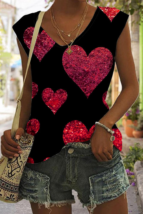 Glitter Red Heart Sparkles Print Tank Top