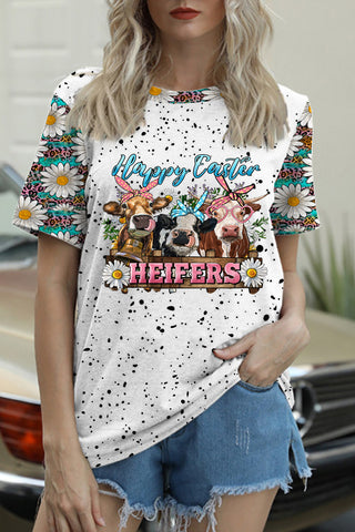 Happy Easter Heifers Cows With Daisy Polka Print Round Neck T-shirt