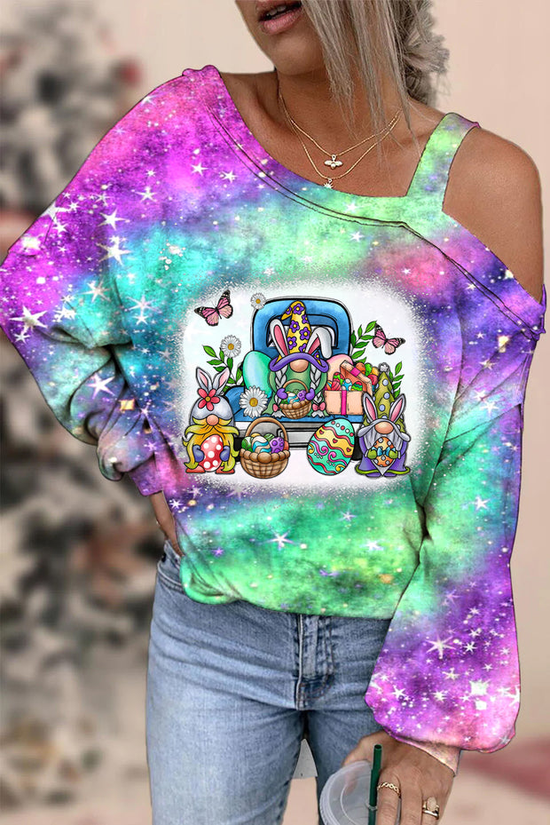 Happy Easter Day Truck And Bunny Gnome Eggs Daisy Tie Dye Printed Off Shoulder Blouse