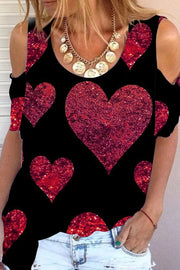 Glitter Red Heart Sparkles Print Cold Shoulder T-Shirt