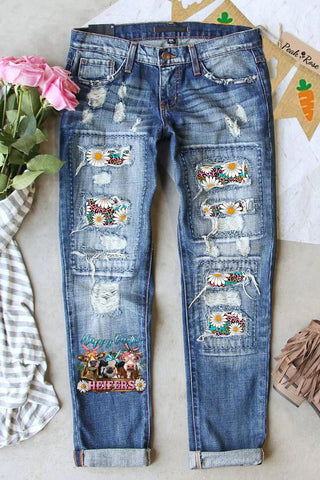 Happy Easter Heifers Cows With Daisy Polka Print Ripped Denim Jeans