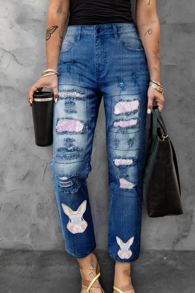 Color Block Rabbit Head Gradient Glitter Denim Jeans