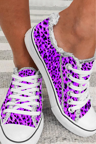 Bright Purple Leopard Print Casual Lace Up Canvas Shoes Sneakers