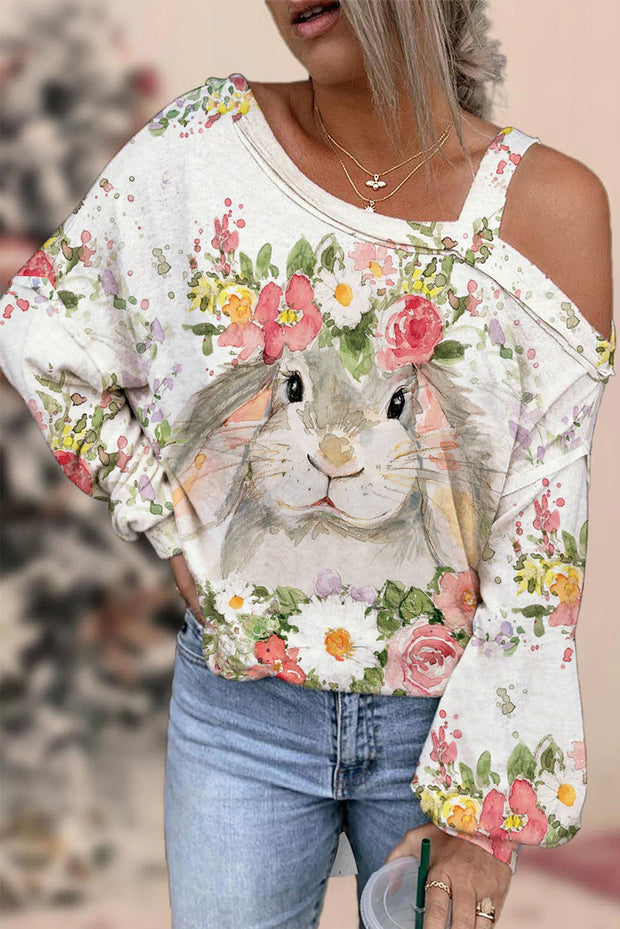 Happy Easter Bunny Watercolor Flower Garden Spring Floral Printed Off-Shoulder Blouse