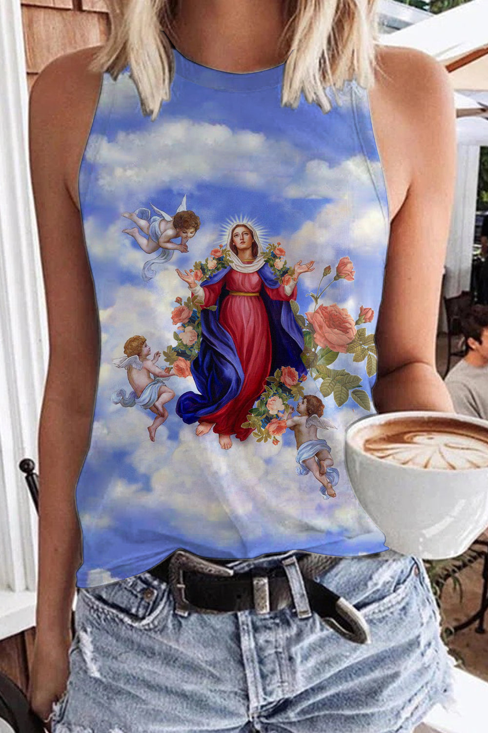 Easter Christianity Vintage Clouds Floral Angel Virgin Mary Tank Top