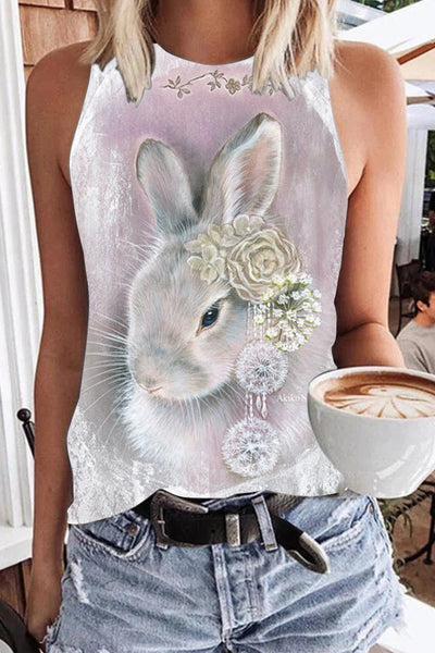 3D Vintage Pink Easter Bunny With Wreath Earring Printed Tank Top