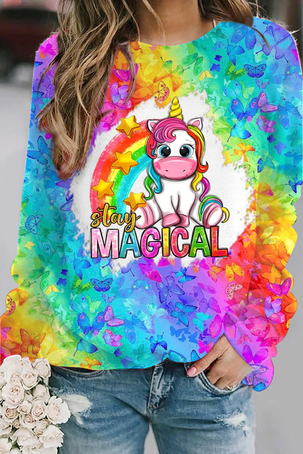 Stay Magical Unicorn Rainbow Tie Dye Print Sweatshirt
