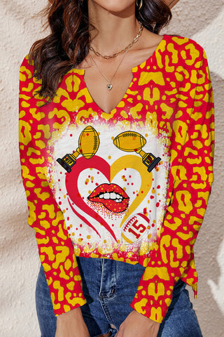 Red & Yellow Leopard Print Championship Trophy & Kiss Of Love Notched Neck Loose Long Sleeve T-Shirt