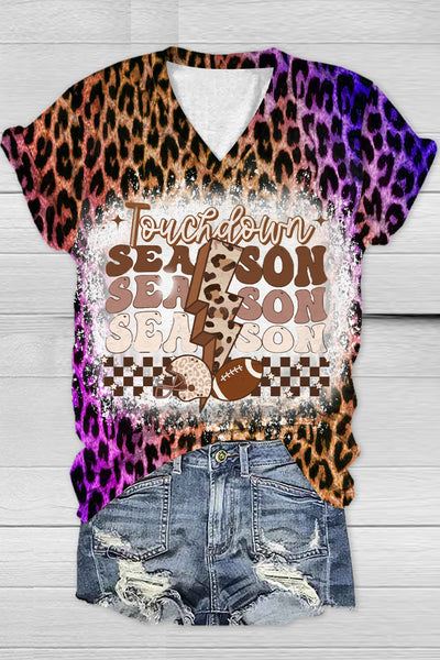 Tie Dye Gradient Leopard Football Touchdown Season V Neck T-shirt