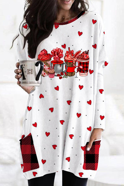 Coffee Drink Print Loose Tunic With Pockets