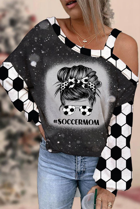 Soccer Mom Messy Bun Print Bleached Off-Shoulder Blouse