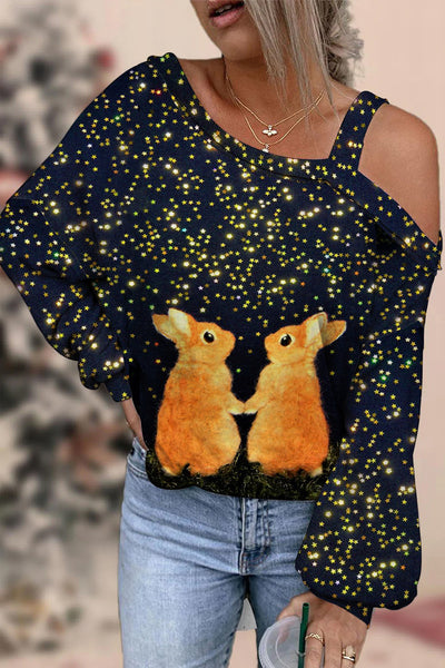 Cute Easter Bunnies Under The Black Starry Sky Printed Off-Shoulder Blouse