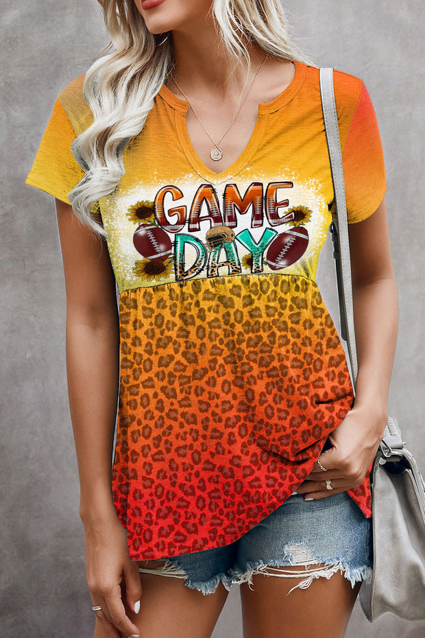 Tie Dye Gradient Leopard Football Game Day Notched Neck Peplum Hem Tee