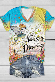 Trendy Oil Painting Vintage Flowers & Dandelion Never Stop Dreaming V Neck T-shirt