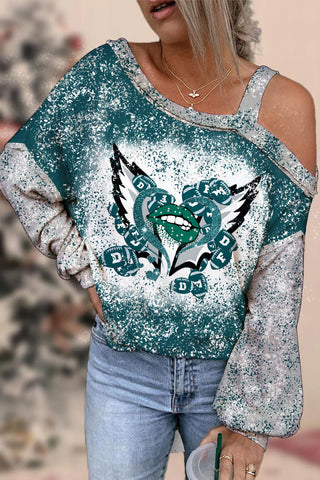 Green And Gray Team Colors Love Lips And Wings Football Printed Off-Shoulder Blouse